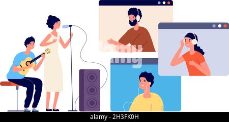 Diffusion en direct.Diffusion de musique, événement en ligne ou blogueur musical.Divertissement vidéo moderne, chanteur de dj et public sur l'écran concept de vecteur de caniveau Illustration de Vecteur