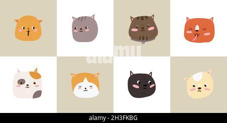 Chats mignons.Jeu de cartes de têtes de chat de dessin animé, de visages de chaton.Animaux adorables plats, autocollants bébé avec collection de vecteurs animaux Illustration de Vecteur