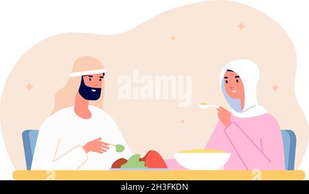 Dîner de kareem de Ramadan.Repas à la maison arabe, repas de famille musulmane le soir ou la nuit.Fête de l'iftar, femme arabe homme à la table de l'iveau avec le concept de vecteur de repas Illustration de Vecteur