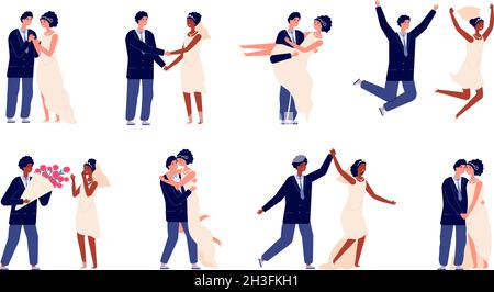 Mariage couples scènes.Couple de mariage, jeunes mariés personnages de dessin animé.Jeu de vecteurs de fête de mercredi, de cérémonie de noces heureux et de célébrations Illustration de Vecteur