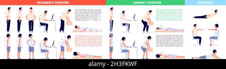 Positions correctes.Infographies de posture, postures ergonomiques de corps de femme.Flat hommes ordinateur assis, saine mauvaise colonne vertébrale tableau de vecteur Illustration de Vecteur