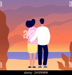 Couple romantique date.Embrassant le coucher du soleil, les touristes amoureux regardent sur le paysage de mer de montagne.Amoureux de la plat ensemble, concept de vecteur total de paysage marin Illustration de Vecteur