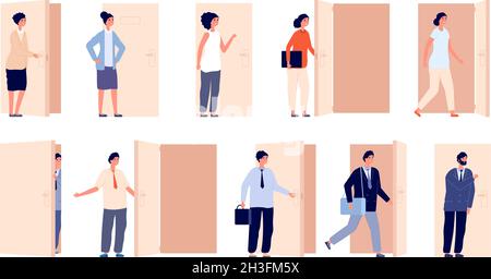 Les gens à la porte.Portes ouvertes, homme d'affaires a ouvert l'entrée ou la sortie.Caricature femmes hommes regardant ou peeking, le patron regardant de l'allée de l'ensemble de vecteur de l'allée Illustration de Vecteur