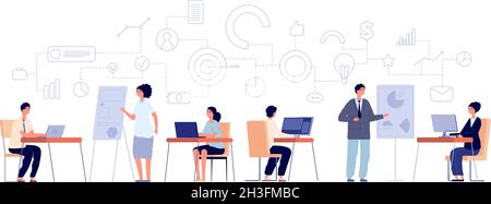 Flux de travail Office.Travail d'entreprise, personnes avec ordinateur.Homme femme collaborant, caricatures employeurs et concept de vecteur de système de travail total Illustration de Vecteur