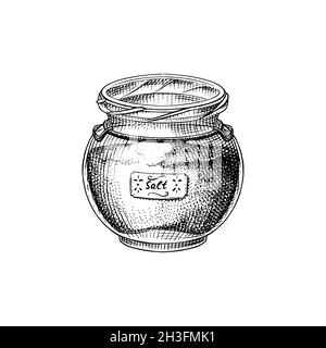 Sel de mer dans un pot en verre.Des tas de graines dans le bol.Épices dans un emballage naturel.Aromatisant ou salin.Bannière rétro d'arrière-plan.Gravé à la main Illustration de Vecteur