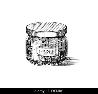 Graines de Chia dans un pot en verre.Salvia hispanica.Emballage Spice.Condiment ou aromatisant ou granule ou grain.Gravé à la main, dessiné dans l'ancien croquis et Illustration de Vecteur