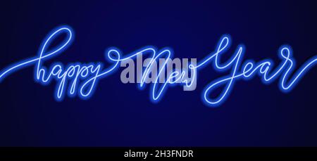 Bonne nouvelle année lettrage au néon.Modèle de carte de vœux ou de bannière des fêtes avec panneau lumineux dessiné à la main.Clip art de 2022 ans heureux Illustration de Vecteur