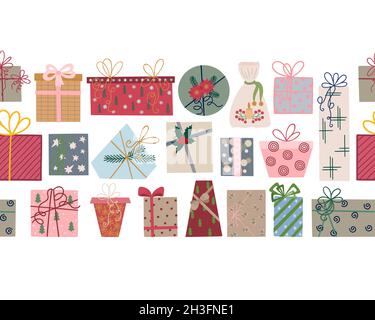 Boîte cadeau de Noël avec ruban et illustration vectorielle de noeud bordure sans couture, joyeux Noël et joyeux nouvel an décoration traditionnelle des vacances d'hiver, ornement pour affiche, carte de voeux, autocollant Illustration de Vecteur