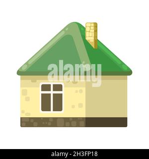 Petite maison de campagne avec des murs jaunes et des toits verts.Style de dessin animé amusant.Village suburbain de campagne.Architecture simple traditionnelle.Illustration Illustration de Vecteur