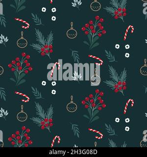 Motif de Noël sans couture avec feuilles vertes, bâtonnets de bonbons et fond de baies rouges Illustration de Vecteur