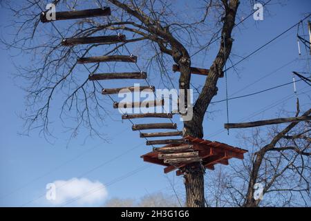 Escalier suspendu en bois. Échelle sous forme de pont suspendue entre les arbres contre le ciel bleu, attraction pour les enfants en forêt Banque D'Images