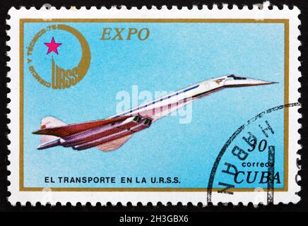 CUBA - VERS 1976 : un timbre imprimé à Cuba montre le jet supersonique Tupolev, transport moderne, vers 1976 Banque D'Images