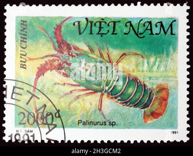 VIETNAM - VERS 1991: Un timbre imprimé au Vietnam montre palinurus, coquillages, vers 1991 Banque D'Images