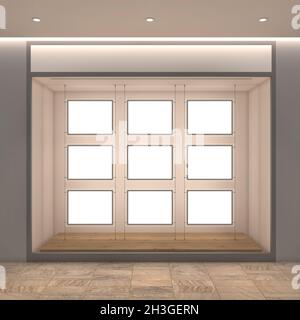 rendu 3d d'une fenêtre de magasin avec une grille d'affichages rétroéclairés vides Banque D'Images