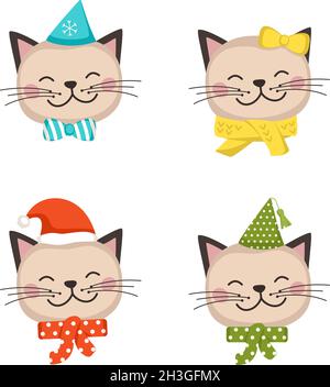 Ensemble de jolis chats pour enfants avec décorations festives pour les fêtes, le nouvel an et Noël.Animaux amusants avec des casquettes et des arcs.Illustration vectorielle plate Illustration de Vecteur