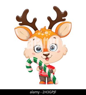 Joli petit cerf tenant une grande canne à sucre.Personnage de dessin animé joyeux petit renne.Joyeux Noël et Bonne Année.Illustration du vecteur de stock sur wh Illustration de Vecteur