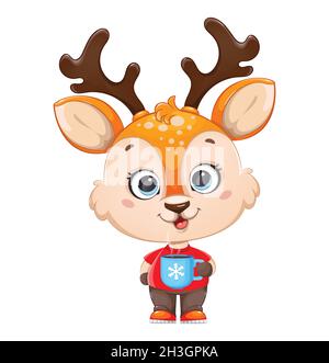 Joli petit cerf tenant une tasse de cacao.Personnage de dessin animé joyeux petit renne.Joyeux Noël et Bonne Année.Illustration du vecteur de stock sur wh Illustration de Vecteur