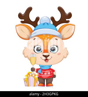 Joli petit cerf tenant un verre de champagne.Personnage de dessin animé joyeux petit renne.Joyeux Noël et Bonne Année.Illustration du vecteur de stock Illustration de Vecteur