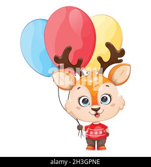 Joli petit cerf tenant des ballons de couleur.Personnage de dessin animé joyeux petit renne.Joyeux Noël et Bonne Année.Illustration du vecteur de stock sur Illustration de Vecteur