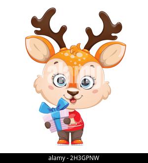 Joli petit cerf porte-cadeau.Personnage de dessin animé joyeux petit renne.Joyeux Noël et Bonne Année.Illustration du vecteur de stock sur le papier blanc Illustration de Vecteur