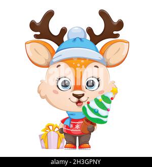 Joli petit cerf tenant un petit arbre de Noël.Personnage de dessin animé joyeux petit renne.Joyeux Noël et Bonne Année.Illustrateur de vecteur de stock Illustration de Vecteur