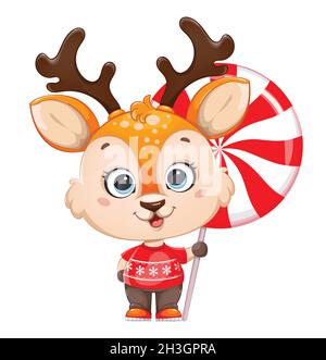 Joli petit cerf tenant un bonbon géant.Personnage de dessin animé joyeux petit renne.Joyeux Noël et Bonne Année.Illustration du vecteur de stock sur whi Illustration de Vecteur
