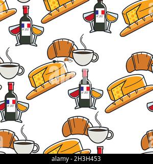 Cuisine et boissons fromage français et baguette au vin café et croissant Illustration de Vecteur