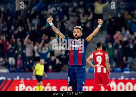 Villarreal, Espagne.28 octobre 2021.José Luis Morales de Levante UD célèbre pendant le match de football espagnol la Liga entre Levante UD et Atletico de Madrid au stade Ciutat de Valencia à Valence.(Note finale; Levante UD 2:2 Atletico de Madrid) crédit: SOPA Images Limited/Alay Live News Banque D'Images