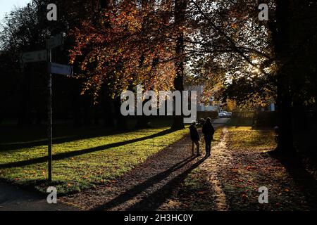 Berlin, Allemagne.28 octobre 2021.Les gens apprécient le paysage d'automne à Berlin, capitale de l'Allemagne, 28 octobre 2021.Credit: Shan Yuqi/Xinhua/Alay Live News Banque D'Images