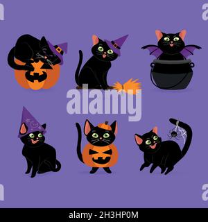 illustration de la conception vectorielle des chats d'halloween à plat dessinés à la main Illustration de Vecteur