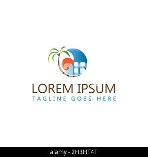 Maison de conception abstraite en cercle orange avec palmier.Symbole de la maison dans un style plat.Illustration vectorielle EPS.8 EPS.10 Illustration de Vecteur