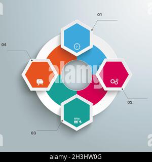 Grand cercle InInfographie colorée 4 Hexagons Piad Banque D'Images