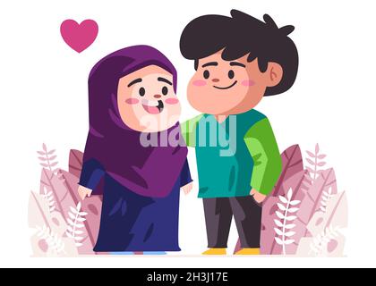 couple avec hijab violet et chemise verte ressemble à une bonne et romantique dessin animé plat couleur isolée illustration vectorielle d'arrière-plan Illustration de Vecteur