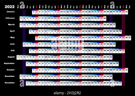 Calendrier linéaire noir 2022 avec codage couleur des jours et des mois. Illustration de Vecteur