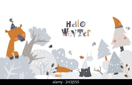 Happy Cartoon les animaux se rencontrent en hiver dans la forêt de neige Illustration de Vecteur
