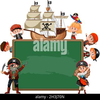 Tableau noir vide avec de nombreuses illustrations de personnages de dessin animé pour enfants pirates Illustration de Vecteur