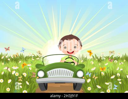 Les enfants s'aventurent en petite voiture au lever du soleil.Un enfant conduit une voiture à pédales ou électrique.Illustration de dessin animé.Paysage rural d'été.Vecteur Illustration de Vecteur