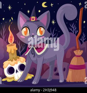 illustration de la conception vectorielle de chat d'halloween à plat dessinée à la main Illustration de Vecteur