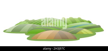 Petites collines rurales.Ferme paysage mignon.Illustration amusante de dessin animé.Style plat.Isolé sur fond blanc.Vecteur. Illustration de Vecteur