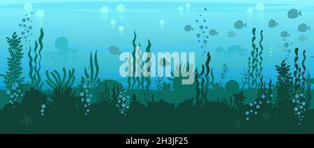 Fond du réservoir avec poisson. Silhouette. Eau bleue. Océan de mer. Paysage sous-marin avec des animaux, des plantes, des algues et des coraux. Illustration en dessin animé Illustration de Vecteur