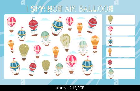 J'espionne le jeu.Divertissement éducatif pour les enfants.Comptez le nombre de ballons à air chaud.Avion de dessin animé, ballons d'époque et avion.Modèle vectoriel pour préscolaire Illustration de Vecteur
