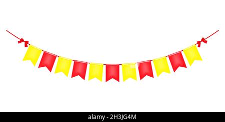 Bannière festoon rouge et jaune colorée avec boucles, illustration vectorielle.Guirlande de drapeaux de couleur suspendus isolée sur fond blanc.Des fêtes éclaboutantes Illustration de Vecteur