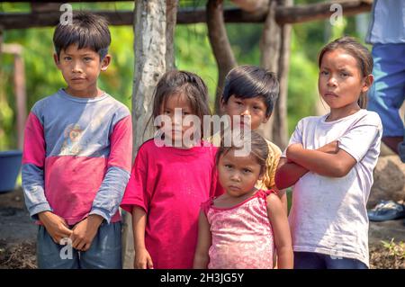 LORETO, PÉROU - 02 janvier : les enfants non identifiés qui pose pour appareil photo dans un petit village au milieu de la forêt tropicale amazonienne, Banque D'Images