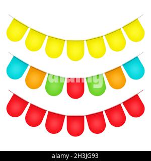 Bannière festoon colorée, illustration vectorielle.Guirlande de drapeaux de couleur suspendus isolée sur fond blanc.Banderole lumineuse pour les fêtes Illustration de Vecteur