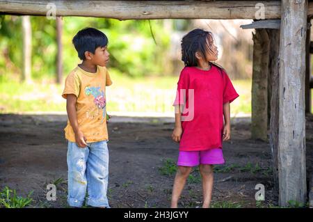 LORETO, PÉROU - 02 janvier : les enfants non identifiés qui pose pour appareil photo dans un petit village au milieu de la forêt tropicale amazonienne, Banque D'Images