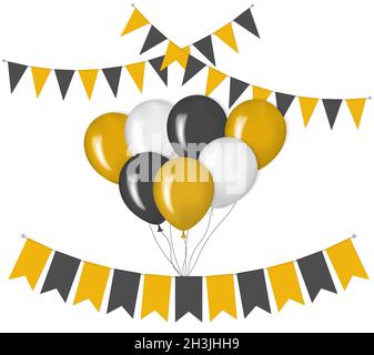 Décorations de Noël, illustration vectorielle.Drapeaux suspendus à bande de ballons et de banderoles de fanions.Blanc, noir, orange Illustration de Vecteur