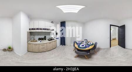 Vue panoramique à 360° de 360 hdri panorama à l'intérieur de la petite cuisine blanche avec table de service dans les appartements modernes blancs plats dans équirectangulaires sans couture sphérique projectio