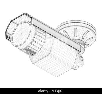 Caméra cctv filaire à partir de lignes noires isolées sur fond blanc.Vue de dessous.3D.Illustration vectorielle Illustration de Vecteur