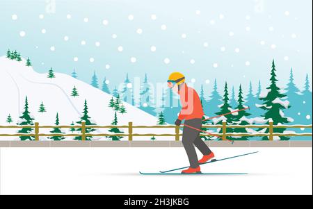 Le ski en hiver. Illustration de Vecteur
