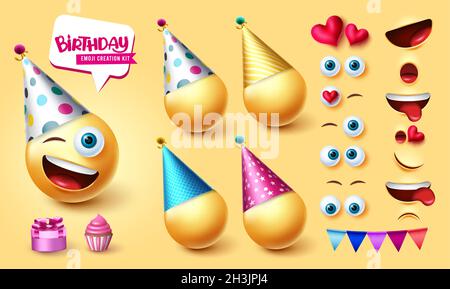 Ensemble de vecteurs d'anniversaire emoji Creator.Kit de caractères 3d smiley avec une expression faciale cute, heureuse et conviviale modifiable pour la réaction émojis du jour de naissance. Illustration de Vecteur